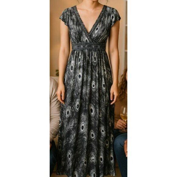 Maxi Dress MED Gray Peacock Boho Hippie Empire Waist Fairy Light Gypsy Stretch - Picture 1 of 9